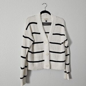 Women's Cream and Black Stripe Button-Front Cardigan Sweater Sz XS